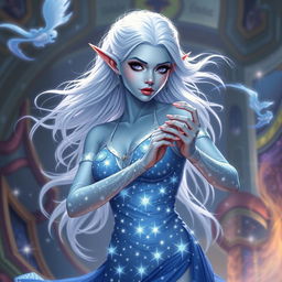 In the style of Dungeons & Dragons character art, Maeve is a striking figure with light blue skin, elongated elven ears, and flowing white hair that appears to float faintly around her
