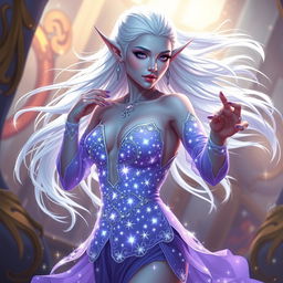 In the style of Dungeons & Dragons character art, Maeve is a striking figure with light blue skin, elongated elven ears, and flowing white hair that appears to float faintly around her