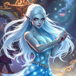 In the style of Dungeons & Dragons character art, Maeve is a striking figure with light blue skin, elongated elven ears, and flowing white hair that appears to float faintly around her