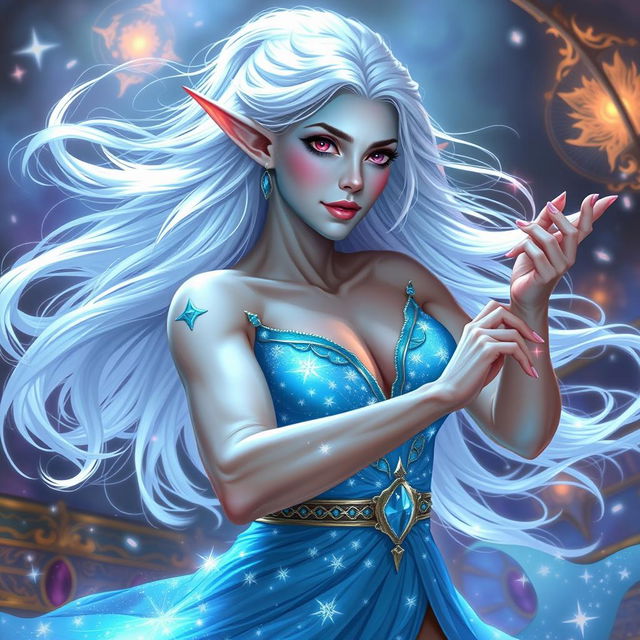 In the style of Dungeons & Dragons character art, Maeve is a striking figure with light blue skin, elongated elven ears, and flowing white hair that appears to float faintly around her