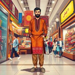 A full-body illustration of an Iranian seller in a vibrant mall shop setting