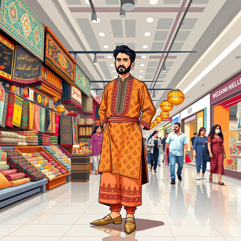 A full-body illustration of an Iranian seller in a vibrant mall shop setting
