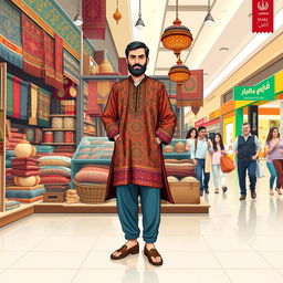 A full-body illustration of an Iranian seller in a vibrant mall shop setting