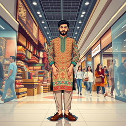 A full-body illustration of an Iranian seller in a vibrant mall shop setting