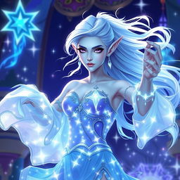 In the style of Dungeons & Dragons character art, Maeve is a striking figure with glowing light blue skin, elegant elven ears, and ethereal white hair that seems to float delicately around her