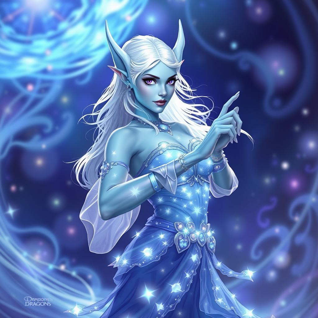 In the style of Dungeons & Dragons character art, Maeve is a striking figure with glowing light blue skin, elegant elven ears, and ethereal white hair that seems to float delicately around her