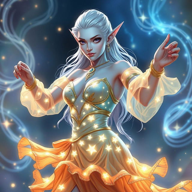 In the style of Dungeons & Dragons character art, Maeve is a striking figure with glowing light blue skin, elegant elven ears, and ethereal white hair that seems to float delicately around her