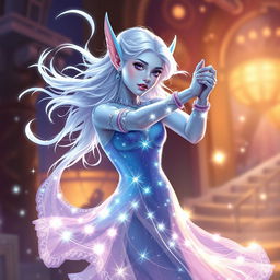 In the style of Dungeons & Dragons character art, Maeve is a striking figure with glowing light blue skin, elegant elven ears, and ethereal white hair that seems to float delicately around her