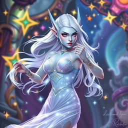 In the style of Dungeons & Dragons character art, Maeve is a striking presence characterized by her luminous light blue skin, elegantly pointed elven ears, and flowing white hair that seems to float softly around her