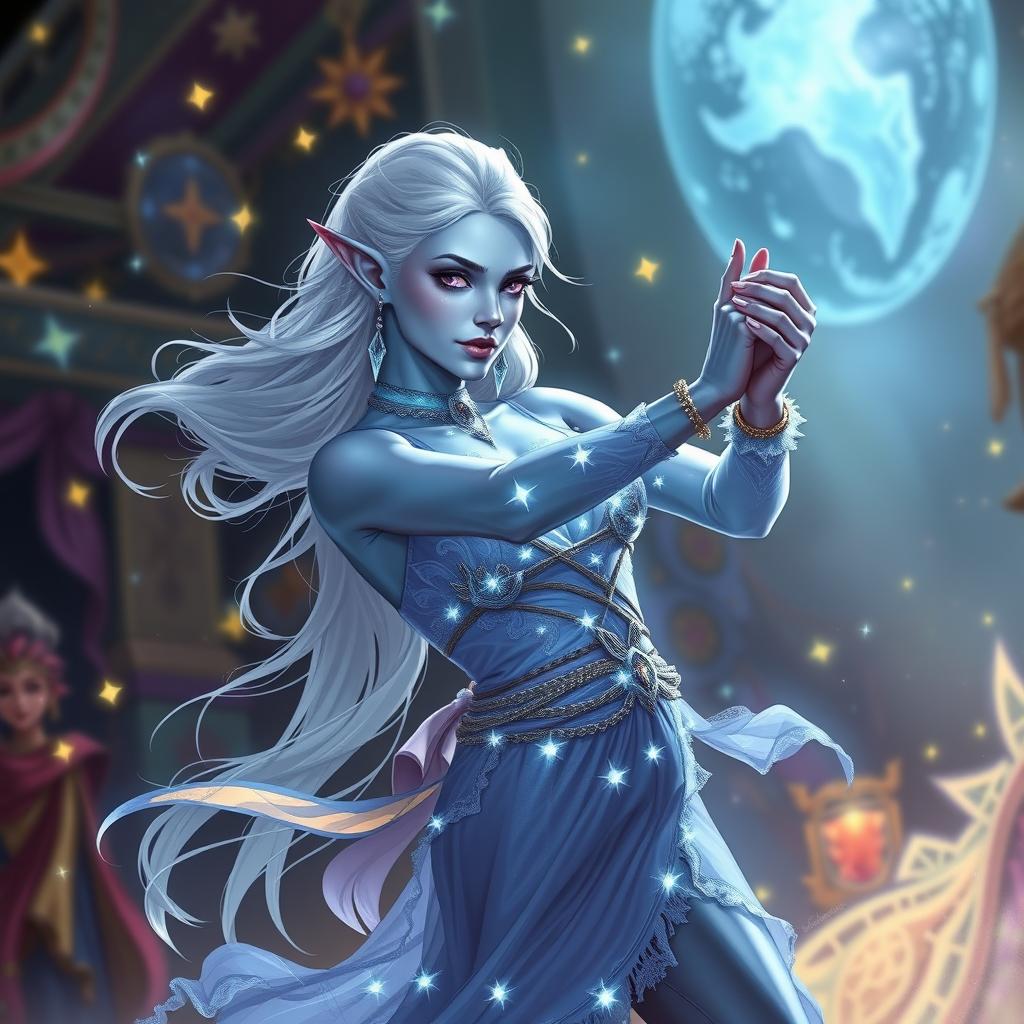 In the style of Dungeons & Dragons character art, Maeve is a striking presence characterized by her luminous light blue skin, elegantly pointed elven ears, and flowing white hair that seems to float softly around her