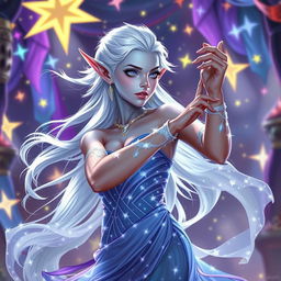 In the style of Dungeons & Dragons character art, Maeve is a striking presence characterized by her luminous light blue skin, elegantly pointed elven ears, and flowing white hair that seems to float softly around her
