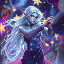 In the style of Dungeons & Dragons character art, Maeve is a striking presence characterized by her luminous light blue skin, elegantly pointed elven ears, and flowing white hair that seems to float softly around her