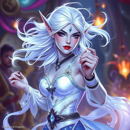 In the style of Dungeons & Dragons character art, Maeve stands out as a striking figure with luminous light blue skin, elegantly pointed elven ears, and flowing white hair that appears to float gently around her