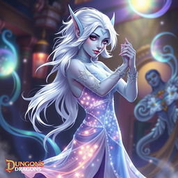 In the style of Dungeons & Dragons character art, Maeve stands out as a striking figure with luminous light blue skin, elegantly pointed elven ears, and flowing white hair that appears to float gently around her