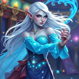 In the style of Dungeons & Dragons character art, Maeve stands out as a striking figure with luminous light blue skin, elegantly pointed elven ears, and flowing white hair that appears to float gently around her