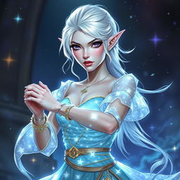 In the style of Dungeons & Dragons character art, Maeve is a captivating figure characterized by her radiant light blue skin, gracefully pointed elven ears, and ethereal white hair that appears to float gently around her