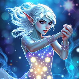 In the style of Dungeons & Dragons character art, Maeve is a captivating figure characterized by her radiant light blue skin, gracefully pointed elven ears, and ethereal white hair that appears to float gently around her