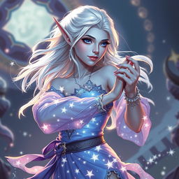 In the style of Dungeons & Dragons character art, Maeve is a captivating figure characterized by her radiant light blue skin, gracefully pointed elven ears, and ethereal white hair that appears to float gently around her