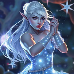 In the style of Dungeons & Dragons character art, Maeve is a captivating figure characterized by her radiant light blue skin, gracefully pointed elven ears, and ethereal white hair that appears to float gently around her