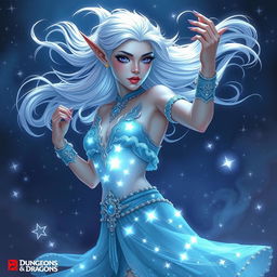 In the style of Dungeons & Dragons character art, Maeve is a stunning figure with radiant light blue skin, delicately pointed elven ears, and flowing white hair that appears to float softly around her