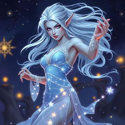 In the style of Dungeons & Dragons character art, Maeve is a stunning figure with radiant light blue skin, delicately pointed elven ears, and flowing white hair that appears to float softly around her