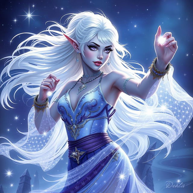 In the style of Dungeons & Dragons character art, Maeve is a stunning figure with radiant light blue skin, delicately pointed elven ears, and flowing white hair that appears to float softly around her