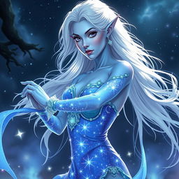 In the style of Dungeons & Dragons character art, Maeve is a stunning figure with radiant light blue skin, delicately pointed elven ears, and flowing white hair that appears to float softly around her