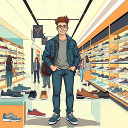 A full-body illustration of a seller in a modern mall shop, presenting an array of stylish footwear