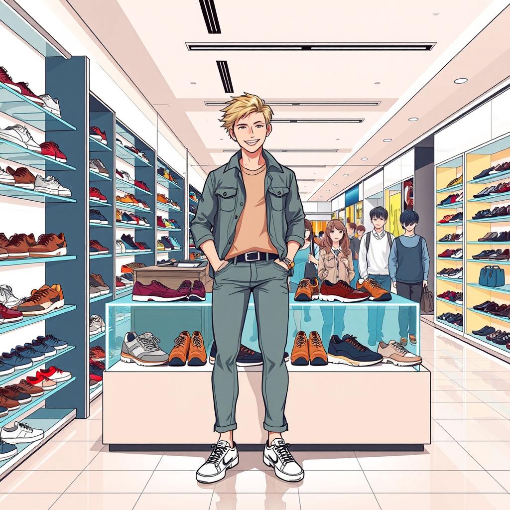 A full-body illustration of a seller in a modern mall shop, presenting an array of stylish footwear