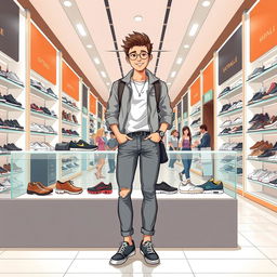 A full-body illustration of a seller in a modern mall shop, presenting an array of stylish footwear