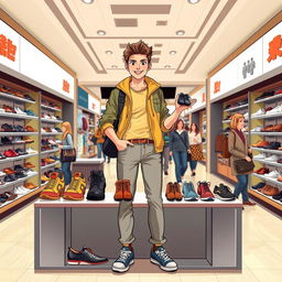A full-body illustration of a seller in a modern mall shop, presenting an array of stylish footwear