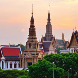 A beautiful scene showcasing Wat Arun, known as the Temple of Dawn, and Wat Pho with the Grand Palace in the background