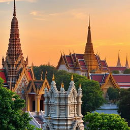 A beautiful scene showcasing Wat Arun, known as the Temple of Dawn, and Wat Pho with the Grand Palace in the background