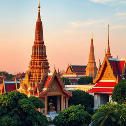 A beautiful scene showcasing Wat Arun, known as the Temple of Dawn, and Wat Pho with the Grand Palace in the background
