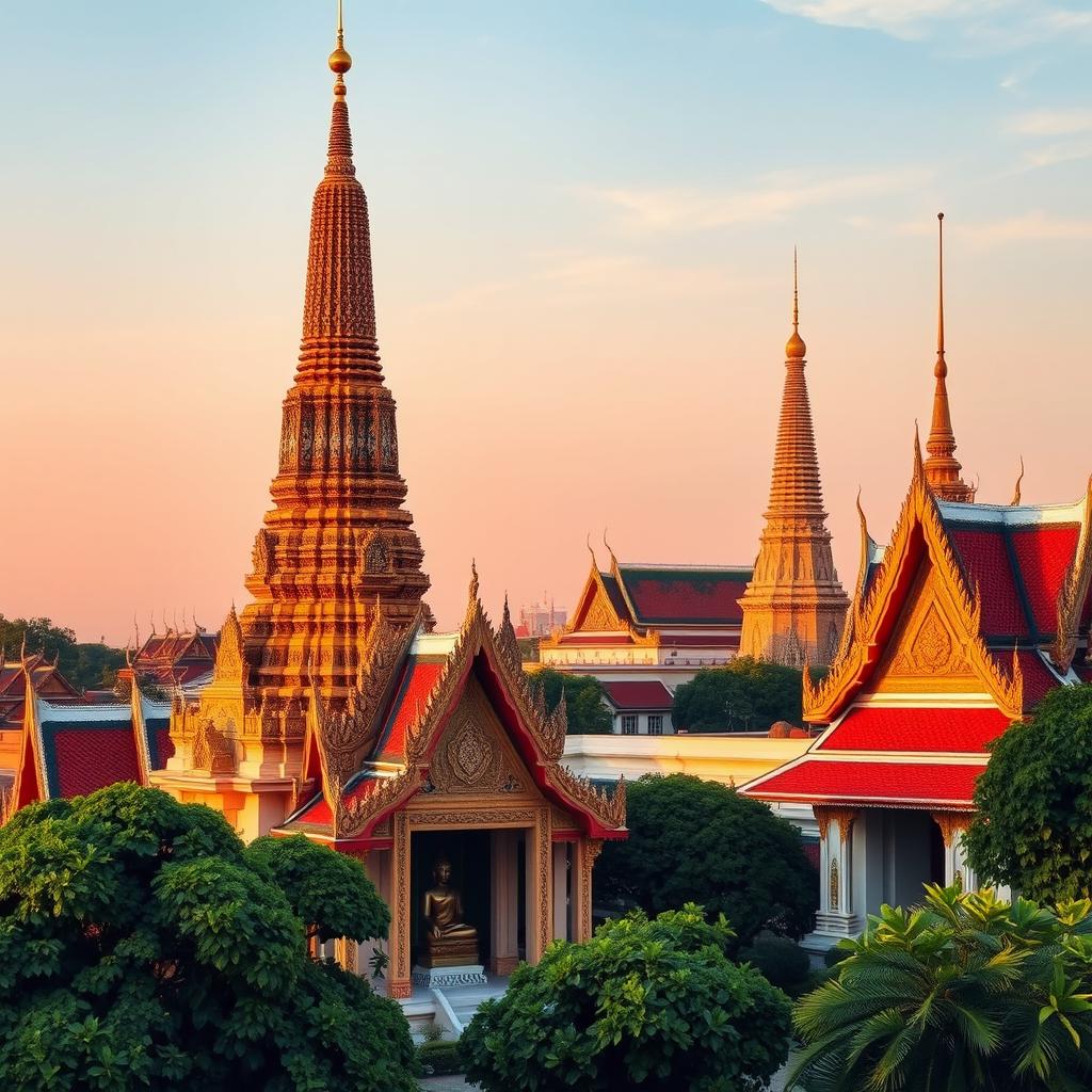 A beautiful scene showcasing Wat Arun, known as the Temple of Dawn, and Wat Pho with the Grand Palace in the background