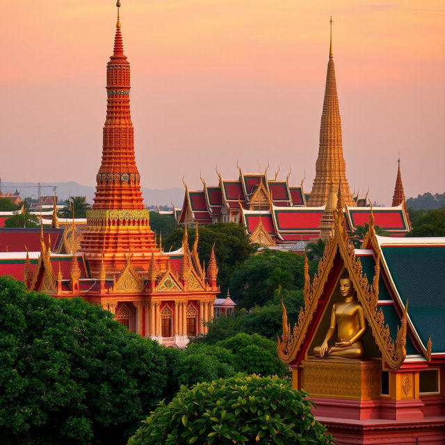 A beautiful scene showcasing Wat Arun, known as the Temple of Dawn, and Wat Pho with the Grand Palace in the background