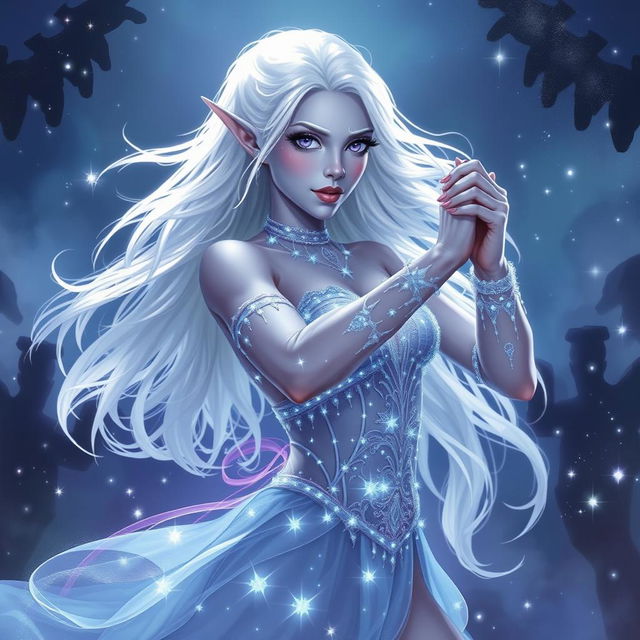 In the style of Dungeons & Dragons character art, Maeve is portrayed as a striking figure, featuring ethereal light blue skin, delicately pointed elven ears, and flowing white hair that appears to float softly