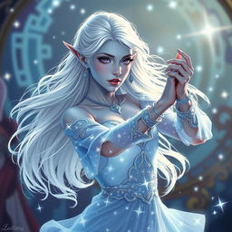 In the style of Dungeons & Dragons character art, Maeve is portrayed as a striking figure, featuring ethereal light blue skin, delicately pointed elven ears, and flowing white hair that appears to float softly