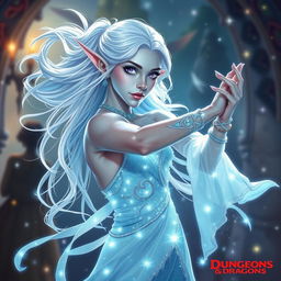 In the style of Dungeons & Dragons character art, Maeve is portrayed as a striking figure, featuring ethereal light blue skin, delicately pointed elven ears, and flowing white hair that appears to float softly