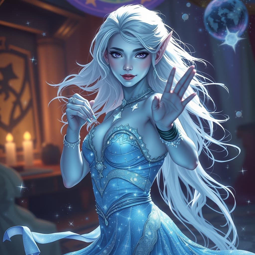 In the style of Dungeons & Dragons character art, Maeve is portrayed as a striking figure, featuring ethereal light blue skin, delicately pointed elven ears, and flowing white hair that appears to float softly