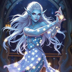 In the style of Dungeons & Dragons character art, Maeve stands as a striking figure with luminous light blue skin, elegantly pointed elven ears, and flowing white hair that seems to float softly around her