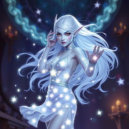 In the style of Dungeons & Dragons character art, Maeve stands as a striking figure with luminous light blue skin, elegantly pointed elven ears, and flowing white hair that seems to float softly around her