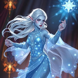 In the style of Dungeons & Dragons character art, Maeve stands as a striking figure with luminous light blue skin, elegantly pointed elven ears, and flowing white hair that seems to float softly around her