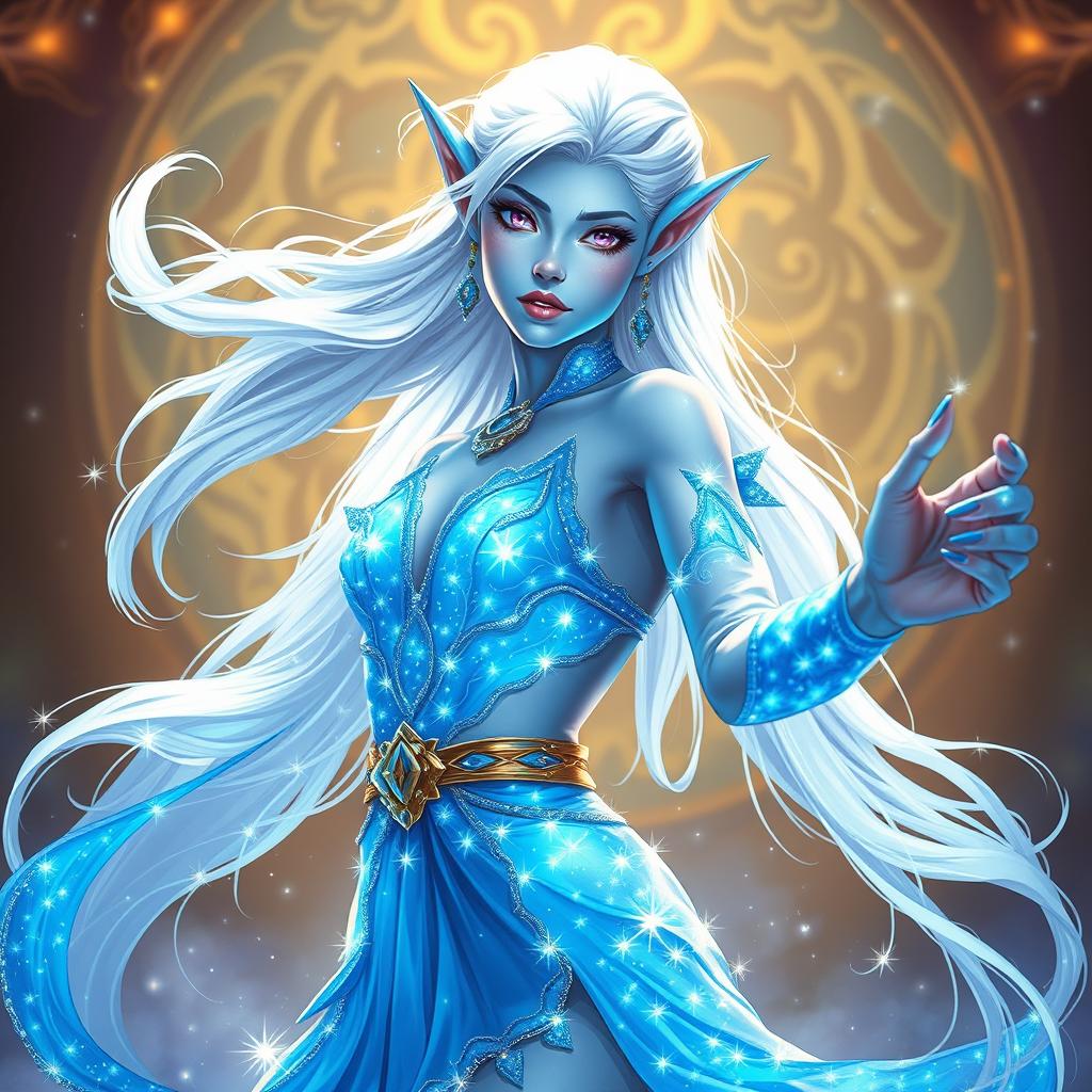 In the style of Dungeons & Dragons character art, Maeve stands as a striking figure with luminous light blue skin, elegantly pointed elven ears, and flowing white hair that seems to float softly around her