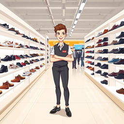 A full-body illustration of a seller in a modern chain store, specializing in footwear