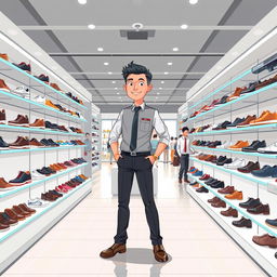 A full-body illustration of a seller in a modern chain store, specializing in footwear
