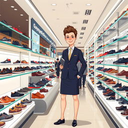 A full-body illustration of a seller in a modern chain store, specializing in footwear