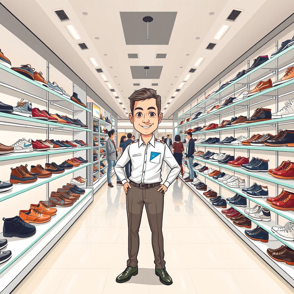 A full-body illustration of a seller in a modern chain store, specializing in footwear