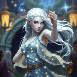 In the style of Dungeons & Dragons character art, Maeve is depicted as a striking figure, showcasing her ethereal light blue skin and elegantly pointed elven ears