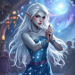 In the style of Dungeons & Dragons character art, Maeve is depicted as a striking figure, showcasing her ethereal light blue skin and elegantly pointed elven ears